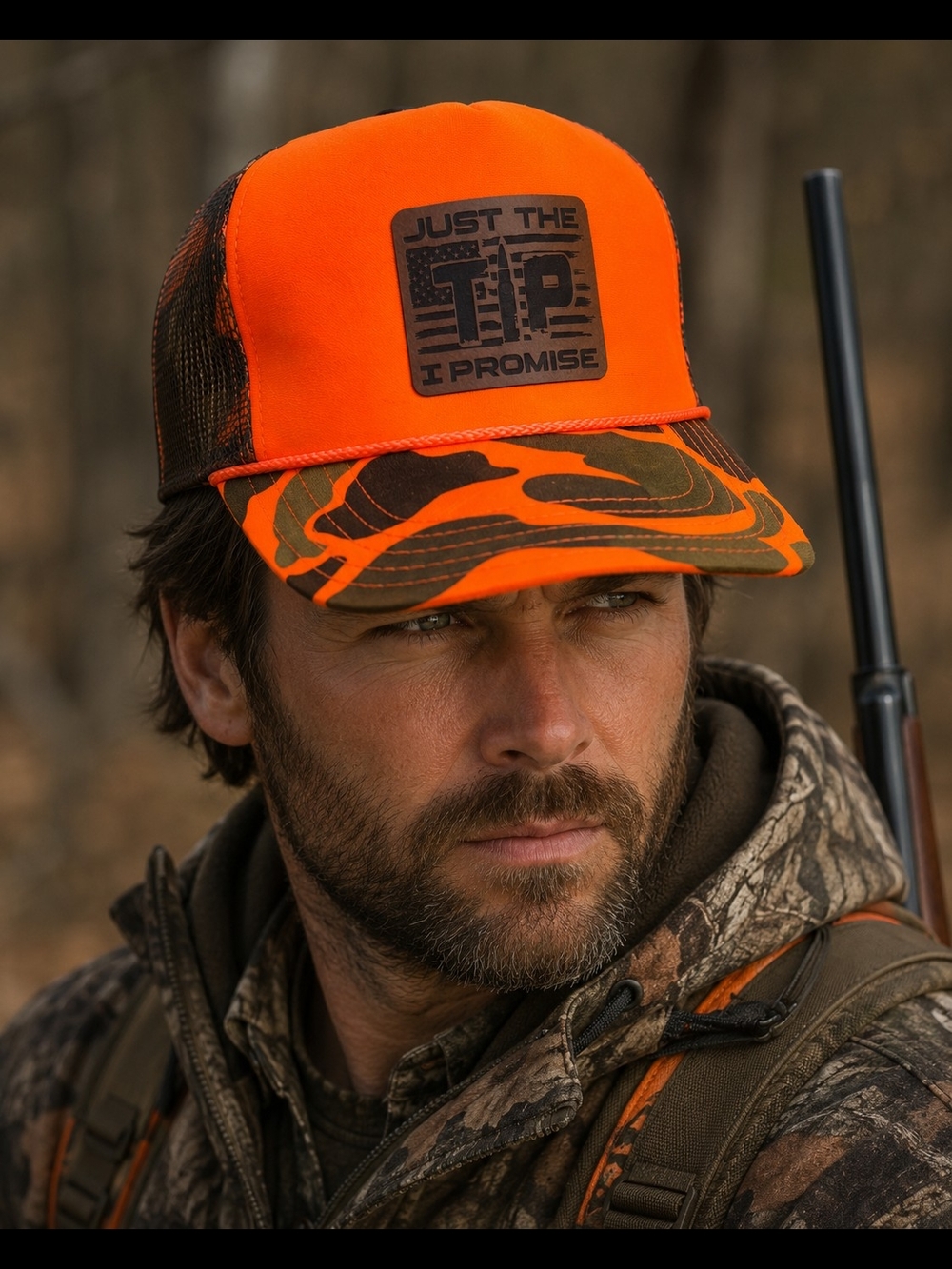 Orange Camo Trucker Hat with 'Just The Tip I Promise' Patch